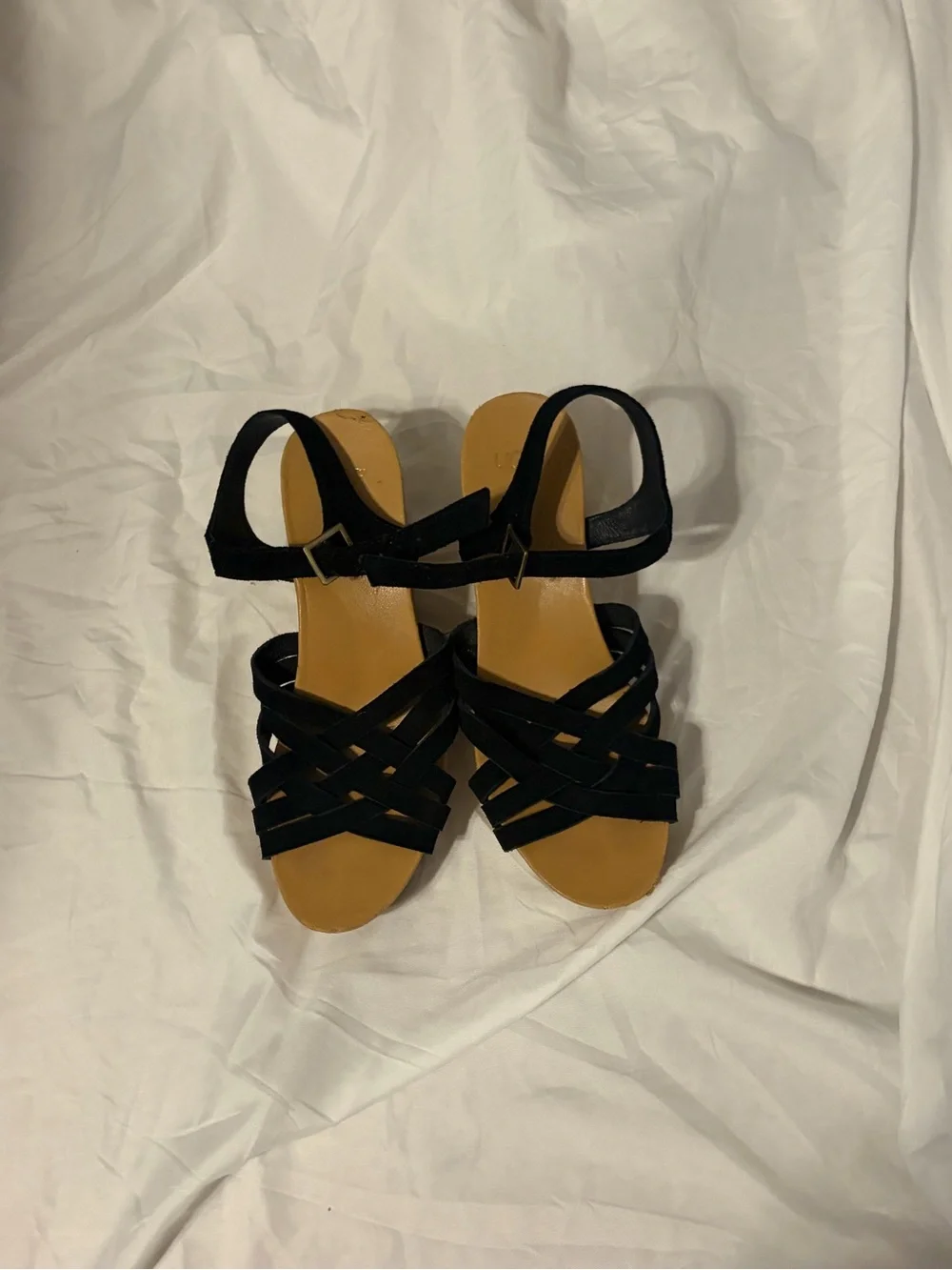 UGG Black Strappy Wedge Sandals with Cork-Style Heel